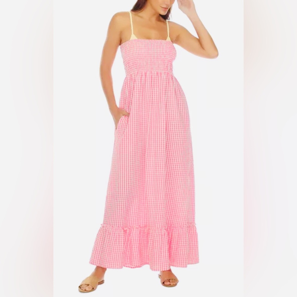 Raviya Women's Pink Gingham Smocked Top Maxi Dress/Cover-Up    Medium        NWT